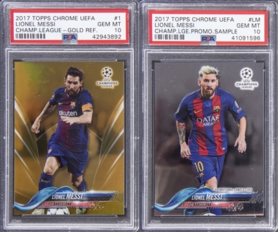 2017-18 Topps Chrome UEFA Champions League Lionel Messi Card Collection (2 Different Cards) - Featuring PSA 10 Gold Refractor /50 & PSA 10 Promotional Sample